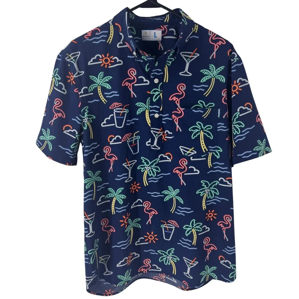 Chubbies Mens Large Neon Flamingo Palm Tree Tropical Navy Short Sleeve Shirt‎ L